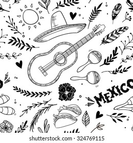 Hand drawn vector illustration - Mexico. Music festival. Seamless pattern