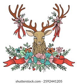 Hand drawn vector illustration of Midsummer swedish holiday. Deer head with antlers entwined with ribbons and flowers.