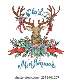 Hand drawn vector illustration of Midsummer swedish holiday. Deer head with antlers entwined with ribbons and flowers.