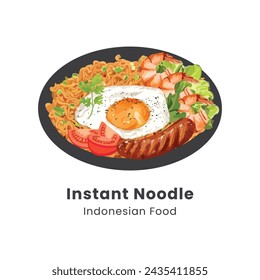 Hand drawn vector illustration of mie goring or fried noodles served with egg, sausage and vegetables Indonesian food