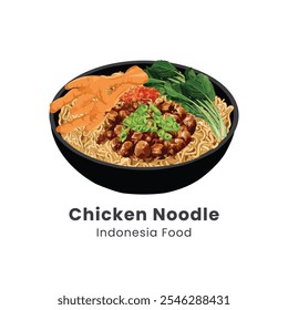 Hand drawn vector illustration mie ayam or chicken noodle indonesian cuisine