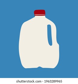 Hand drawn vector illustration of milk in plastic white gallon jug with red cap. Isolated on blue background