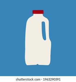 Hand drawn vector illustration of milk in plastic white half gallon jug with red cap. Isolated on blue background