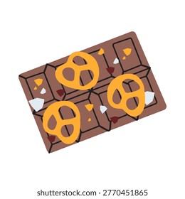 Hand drawn vector illustration of a milk chocolate bar with crunchy salted pretzels. Creative dessert combination