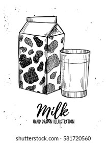 Hand drawn vector illustration - Milk products. Design elements in sketch style. Perfect for brochures, flyers, posters, cards, prints