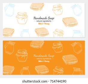 Hand drawn vector illustration of milk and honey on white and color background for handmade soap wrapper. Organic natural healthy product. Great for banner, poster, label, package, wrapper