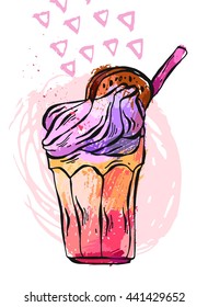 Hand drawn vector illustration of milkshake.Design for kids menu,children birthday party,milk shake cafe,candy shop,desert menu.Milkshake dessert,fruit smoothie.