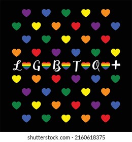 Hand drawn vector illustration of  mini color hearts and pride LGBT hearts with LGBTQ+ isolated on black background.