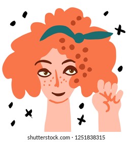 Hand drawn vector illustration minimal style of smiling woman in holding hand in a fist. Abstract elements. Feminism tolerance rights concept