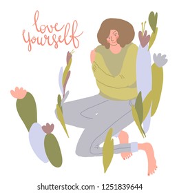 Hand drawn vector illustration minimal style of smiling woman hug herself surrounded by cacti. Handwritten Love Yourself phrase