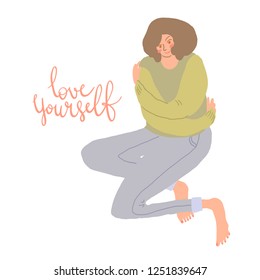 Hand drawn vector illustration minimal style of smiling woman hug herself. Handwritten Love Yourself phrase