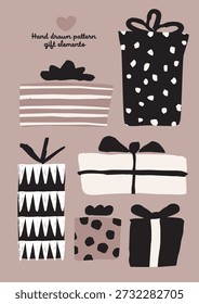 Eine handgezeichnete Vektorgrafik minimaler Geschenkboxen mit skandinavischen Mustern in schwarzen, weißen und braunen Farben. Entwickelt in einem sauberen und modernen Stil für die Verwendung in Geschenkverpackungen, saisonale Branding und festliche Social-Media-Inhalte.