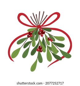 Hand drawn vector illustration of mistletoe twigs with red bow isolated on white background. For Christmas cards and decorative purposes.