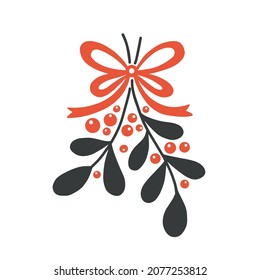 Hand drawn vector illustration of mistletoe twigs with red bow isolated on white background. For Christmas cards and decorative purposes.