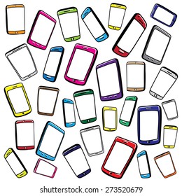 Hand drawn vector illustration of Mobile Phones and Digital Tablets background.