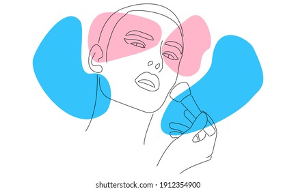 Hand drawn vector illustration in modern abstract style of a non binary face applying make up with a makeup brush. Abstract modern androgynous face portrait.