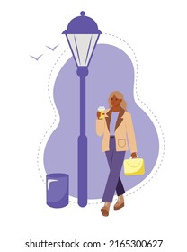 Ilustración vectorial dibujada a mano con una mujer de negocios moderna, caminando con maleta y café para trabajar. Estilo plano