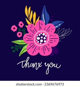 Ilustración de vectores dibujados a mano con letras modernas para tarjetas de felicitación, invitaciones y más. Gracias por escribir. Composición floral con flores y hojas.