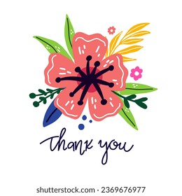 Hand drawn Vector Illustration with Modern Lettering for Greeting Cards, Invitations, and More. Thank you lettering. Floral composition with flowers and leaves isolated on white.