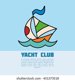 Hand drawn vector illustration. Modern linear design. The boat on the waves. Black contour on a light blue background with text. Template for covers, posters, invitations.