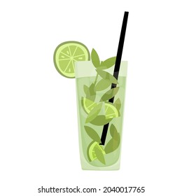 Hand drawn vector illustration of Mojito cocktail with mint leaves. Isolated on white background