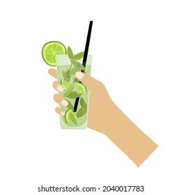 Hand drawn vector illustration of Mojito cocktail with mint leaves. Isolated on white background