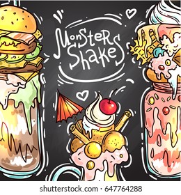 Hand drawn vector illustration monster shake. Food sketching.