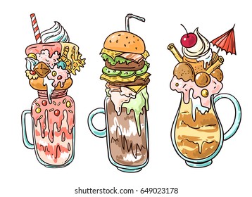 Hand drawn vector illustration monster shake. Food sketching.