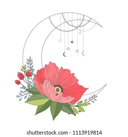 Hand drawn vector illustration - moon sign with flowers and leaves. Perfect for invitations, greeting cards, quotes, tattoo, textiles, blogs, posters etc.
