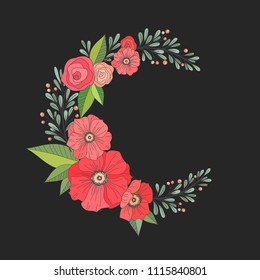Hand drawn vector illustration - moon sign with flowers and leaves. Perfect for invitations, greeting cards, quotes, tattoo, textiles, blogs, posters etc.