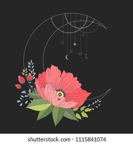 Hand drawn vector illustration - moon sign with flowers and leaves. Perfect for invitations, greeting cards, quotes, tattoo, textiles, blogs, posters etc.