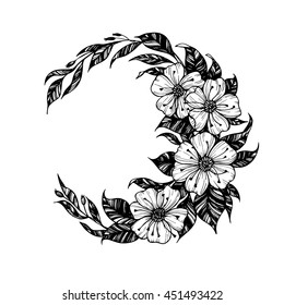 Hand drawn vector illustration - moon sign with flowers and leaves. Perfect for invitations, greeting cards, quotes, tattoo, textiles, blogs, posters etc.