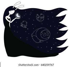 Hand drawn vector illustration of a moon goddess with bunny ears holding moon in her palm, with constellations of panda, duck and frog in the sky. Design concept for children - postcard, T-shirt print