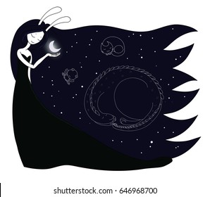 Hand drawn vector illustration of a moon goddess with bunny ears holding moon in her palm, with constellations of dragon, cat and frog in the sky. Design concept for children - postcard, T-shirt print