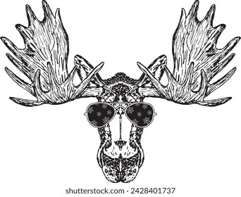 Hand Drawn Vector Illustration of a Moose Wearing Sunglasses with Snowflakes reflected in the lenses