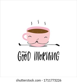 Hand drawn vector illustration of morning coffee mug in yoga pose doing the splits in a doodle cartoon flat design style. Lettering phrase Good morning. Character with cute face.