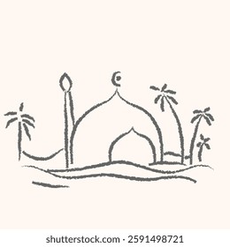 Hand drawn vector illustration of a mosque with palm trees in the background