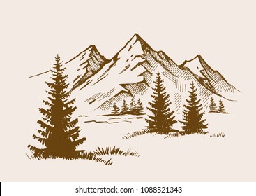 Hand drawn vector illustration of mountain landscape