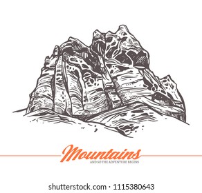 Hand drawn vector illustration of mountain. Rock in sketch engraving style for adventure design