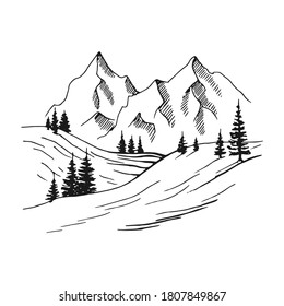 Hand drawn vector illustration of mountain landscape.