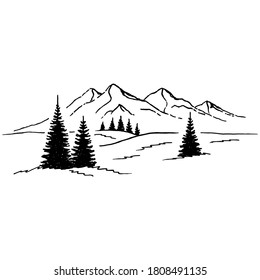 Hand drawn vector illustration of mountain landscape with pine trees.