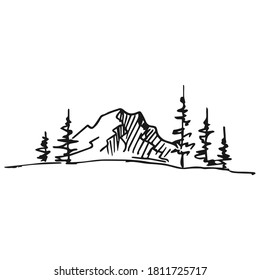 Hand drawn vector illustration of mountain landscape with pine trees.