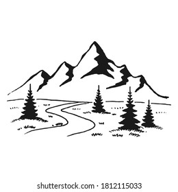 Hand drawn vector illustration of mountain landscape with pine trees.