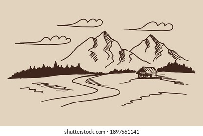 Hand drawn vector illustration of mountain landscape.