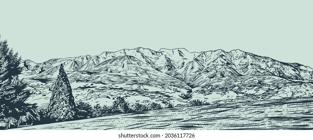 Hand drawn vector illustration of mountain scenery with lots of trees