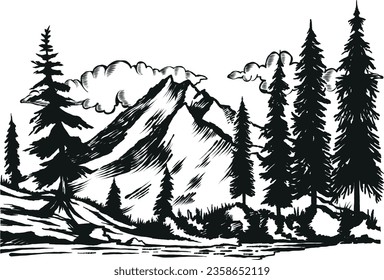 Hand drawn vector illustration mountain pine trees forest nature landscape 