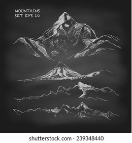 Hand drawn vector illustration. Mountain set. Vintage. Sketch. Chalkboard.