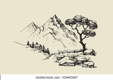 Hand drawn vector illustration of mountain landscape