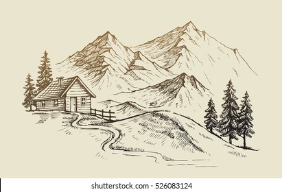 Hand drawn vector illustration mountain landscape