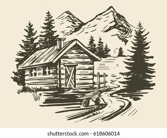 House Mountain Snow Landscape Hand Drawn Stock Vector (Royalty Free ...